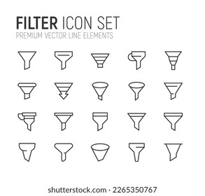 Premium pack of filter line icons. Stroke pictograms or objects perfect for web, apps and UI. Set of 20 filter outline signs. 