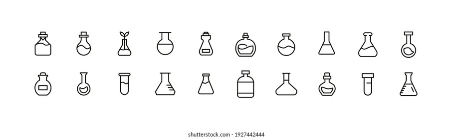 Premium pack of flask line icons. Stroke pictograms or objects perfect for web, apps and UI. Set of 20 chemistry outline signs. 