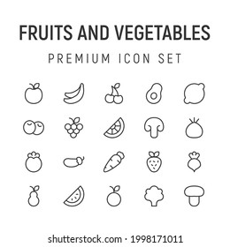 Premium pack of fruits and vegetables line icons. Stroke pictograms or objects perfect for web, apps and UI. Set of 20 fruits and vegetables outline signs. 
