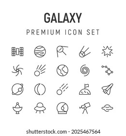 Premium pack of galaxy line icons. Stroke pictograms or objects perfect for web, apps and UI. Set of 20 galaxy outline signs. 