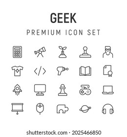 Premium pack of geek line icons. Stroke pictograms or objects perfect for web, apps and UI. Set of 20 geek outline signs. 