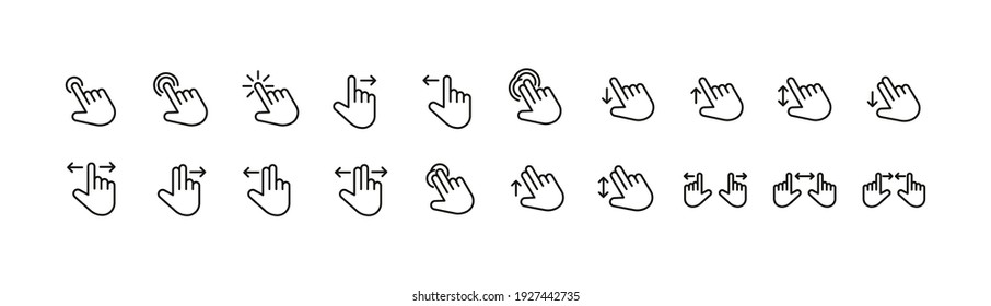 Premium pack of gesture line icons. Stroke pictograms or objects perfect for web, apps and UI. Set of 20 gesture outline signs. 