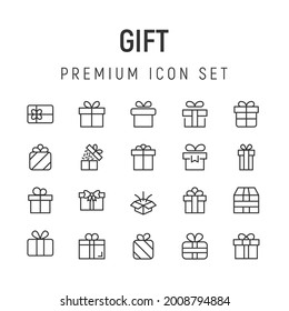 Paquete premium de iconos de línea de regalo. Pictogramas de ataque u objetos perfectos para web, aplicaciones e interfaz de usuario. Conjunto de 20 signos de contorno de regalo.