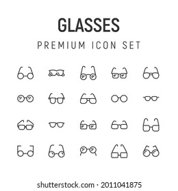 Premium pack of glasses line icons. Stroke pictograms or objects perfect for web, apps and UI. Set of 20 glasses outline signs. 