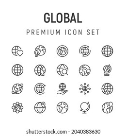 Premium pack of global line icons. Stroke pictograms or objects perfect for web, apps and UI. Set of 20 global outline signs. 