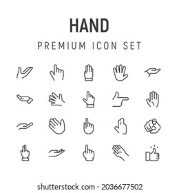 Premium pack of hand line icons. Stroke pictograms or objects perfect for web, apps and UI. Set of 20 hand outline signs. 