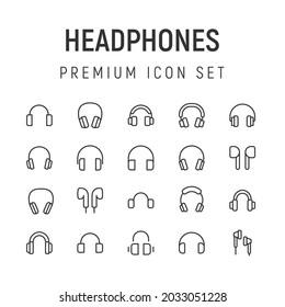 Premium pack of headphones line icons. Stroke pictograms or objects perfect for web, apps and UI. Set of 20 headphones outline signs. 