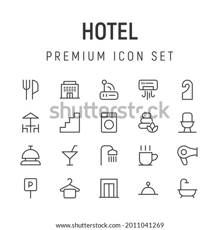 Premium pack of hotel line icons. Stroke pictograms or objects perfect for web, apps and UI. Set of 20 hotel outline signs. 