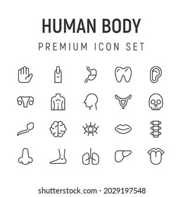 Premium pack of human body line icons. Stroke pictograms or objects perfect for web, apps and UI. Set of 20 human body outline signs. 