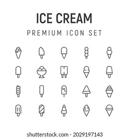 Paquete premium de iconos de la línea de helados. Pictogramas de ataque u objetos perfectos para web, aplicaciones e interfaz de usuario. Conjunto de 20 signos de contorno de helados. 