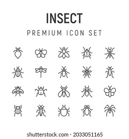 Paquete premium de iconos de la línea de insectos. Pictogramas de ataque u objetos perfectos para web, aplicaciones e interfaz de usuario. Conjunto de 20 signos de contorno de insectos. 