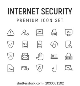 Premium pack of internet security line icons. Stroke pictograms or objects perfect for web, apps and UI. Set of 20 internet security outline signs. 