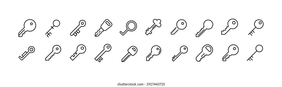 Premium pack of key line icons. Stroke pictograms or objects perfect for web, apps and UI. Set of 20 key outline signs. 