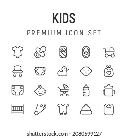 Premium pack of kids line icons. Stroke pictograms or objects perfect for web, apps and UI. Set of 20 kids outline signs. 
