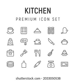 Premium pack of kitchen line icons. Stroke pictograms or objects perfect for web, apps and UI. Set of 20 kitchen outline signs.