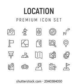 Paquete premium de iconos de línea de ubicación. Pictogramas de ataque u objetos perfectos para web, aplicaciones e interfaz de usuario. Conjunto de 20 signos de contorno de ubicación. 