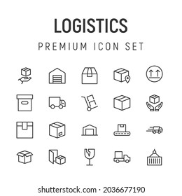 Premium pack of logistics line icons. Stroke pictograms or objects perfect for web, apps and UI. Set of 20 logistics outline signs. 