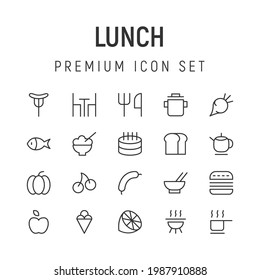 Premium pack of lunch line icons. Stroke pictograms or objects perfect for web, apps and UI. Set of 20 lunch outline signs. 