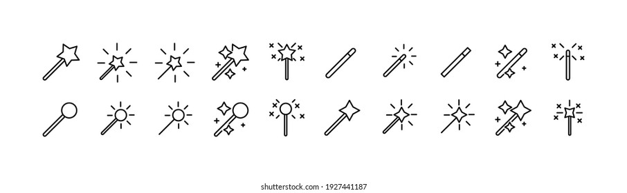 Premium pack of magic wand line icons. Stroke pictograms or objects perfect for web, apps and UI. Set of 20 magic wand outline signs. 