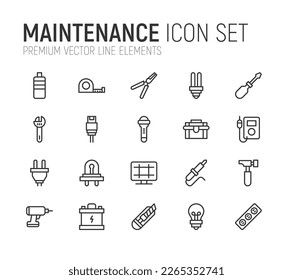 Premium pack of maintenance line icons. Stroke pictograms or objects perfect for web, apps and UI. Set of 20 maintenance outline signs.
