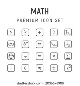 Premium-Paket mit Mathe-Line-Symbolen. Schlagt Piktogramme oder Objekte, die perfekt für Web, Apps und UI sind. Satz von 20 Mathematikkreiszeichen. 