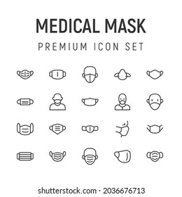 Premium pack of medical mask line icons. Stroke pictograms or objects perfect for web, apps and UI. Set of 20 medical mask outline signs.