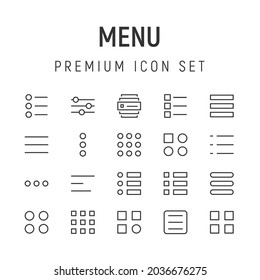 Premium pack of menu line icons. Stroke pictograms or objects perfect for web, apps and UI. Set of 20 menu outline signs. 