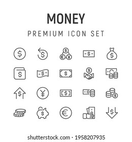 Premium pack of money line icons. Stroke pictograms or objects perfect for web, apps and UI. Set of 20 money outline signs. 