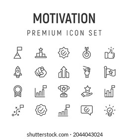 Premium pack of motivation line icons. Stroke pictograms or objects perfect for web, apps and UI. Set of 20 motivation outline signs. 