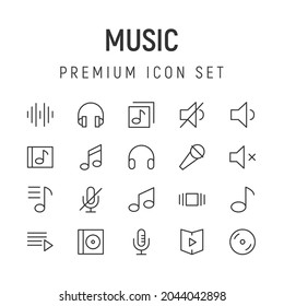 Paquete premium de iconos de línea de música. Pictogramas de ataque u objetos perfectos para web, aplicaciones e interfaz de usuario. Conjunto de 20 signos de contorno de música.