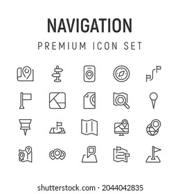 Premium pack of navigation line icons. Stroke pictograms or objects perfect for web, apps and UI. Set of 20 navigation outline signs. 