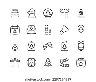 Paquete premium de iconos de línea de año nuevo. Pictogramas de ataque u objetos perfectos para web, aplicaciones e interfaz de usuario. Conjunto de signos de esquema