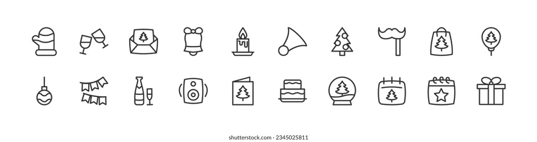 Paquete premium de iconos de línea de año nuevo. Pictogramas de ataque u objetos perfectos para web, aplicaciones e interfaz de usuario. Conjunto de signos de esquema