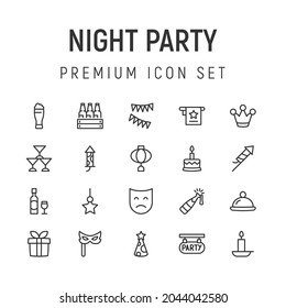 Premium pack of night party line icons. Stroke pictograms or objects perfect for web, apps and UI. Set of 20 night party outline signs. 