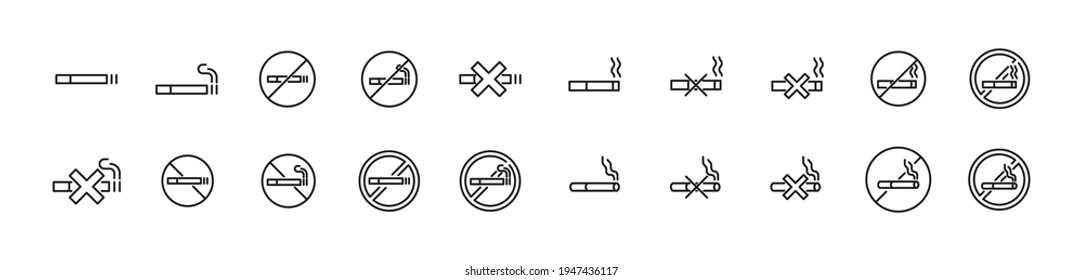 Premium pack of no smoking line icons. Stroke pictograms or objects perfect for web, apps and UI. Set of 20 no smoking outline signs. 