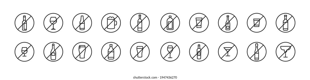 Premium pack of non-alcohol line icons. Stroke pictograms or objects perfect for web, apps and UI. Set of 20 no alcohol outline signs. 