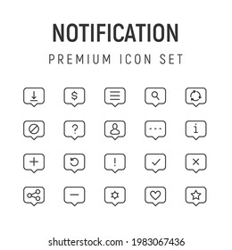 Premium pack of notification line icons. Stroke pictograms or objects perfect for web, apps and UI. Set of 20 notification outline signs. 