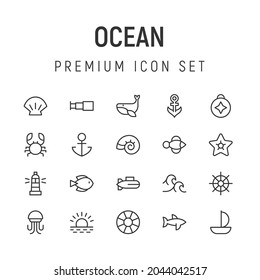 Premium pack of ocean line icons. Stroke pictograms or objects perfect for web, apps and UI. Set of 20 ocean outline signs. 