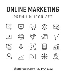 Premium pack of online marketing line icons. Stroke pictograms or objects perfect for web, apps and UI. Set of 20 online marketing outline signs. 