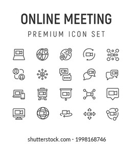 Premium pack of online meeting line icons. Stroke pictograms or objects perfect for web, apps and UI. Set of 20 online meeting outline signs. 