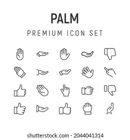 Premium pack of palm line icons. Stroke pictograms or objects perfect for web, apps and UI. Set of 20 palm outline signs. 