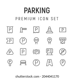 Premium pack of parking line icons. Stroke pictograms or objects perfect for web, apps and UI. Set of 20 parking outline signs. 