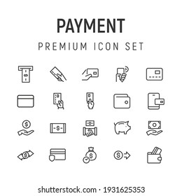 Paquete premium de iconos de línea de pago. Pictogramas de ataque u objetos perfectos para web, aplicaciones e interfaz de usuario. Conjunto de 20 signos de esquema de pago. 