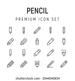Premium pack of pencil line icons. Stroke pictograms or objects perfect for web, apps and UI. Set of 20 pencil outline signs.