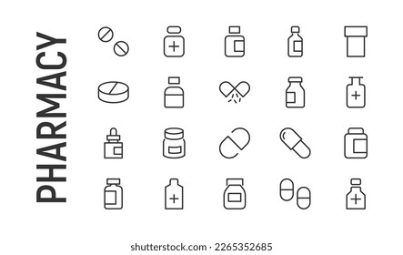 Paquete premium de iconos de la línea de farmacia. Pictogramas de ataque u objetos perfectos para web, aplicaciones e interfaz de usuario. Conjunto de 20 signos de esquema de farmacia.