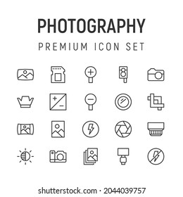 Premium pack of photography line icons. Stroke pictograms or objects perfect for web, apps and UI. Set of 20 photography outline signs. 