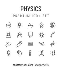 Premium pack of physics line icons. Stroke pictograms or objects perfect for web, apps and UI. Set of 20 physics outline signs. 