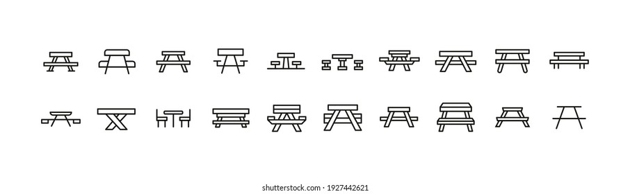 Premium pack of picnic table line icons. Stroke pictograms or objects perfect for web, apps and UI. Set of 20 table outline signs. 