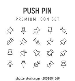 Premium Pack mit Push-Pin-Line-Symbolen. Schlagt Piktogramme oder Objekte, die perfekt für Web, Apps und UI sind. 20 Pin-Umrissschilder. 
