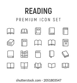 Premium pack of reading line icons. Stroke pictograms or objects perfect for web, apps and UI. Set of 20 reading outline signs. 